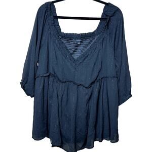 Torrid Women Size 1(1X) Black V Neck Elastic Waist Flouncy 3/4 Sleeve Top Blouse